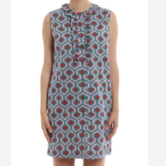 Weekend MaxMara Curvato Geometric Print Ruffle Shirt Dress Button Front Size 10 - Picture 3 of 13